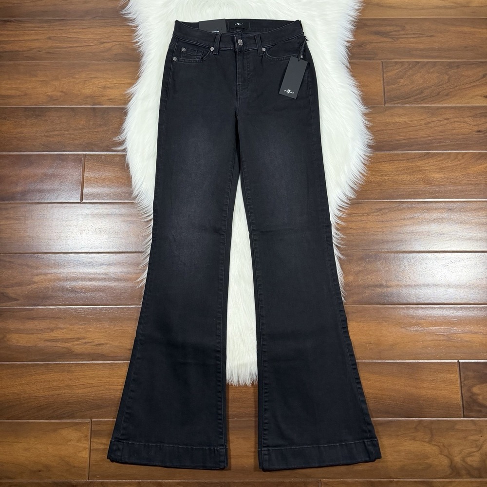 7 For All Mankind Size 25 Salem Black Dojo Tailorless Flare Trouser Denim Jeans - Picture 2 of 9